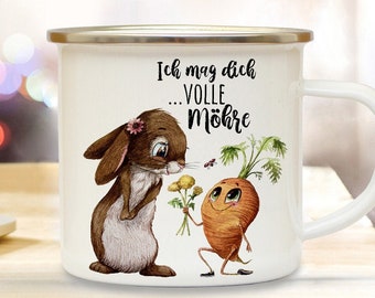 Emaille Becher Camping Tasse Motiv Hase Häschen mit Möhrchen Ich mag dich volle Möhre Kaffeetasse Geschenk Kinderbecher eb499