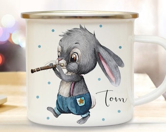 Emaille Becher Camping Tasse Motiv Hase Häschen mit Flöte & Wunschname Name Kaffeetasse Geschenk Kinderbecher eb498