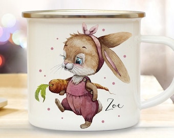 Emaille Becher Camping Tasse Motiv Hase Häschen mit Möhrchen & Wunschname Name Kaffeetasse Geschenk Kinderbecher eb497