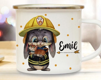 Emaille Becher Camping Tasse Motiv Feuerwehrmann Feuerwehr Häschen & Wunschname Name Kaffeetasse Kinderbecher Geschenk eb556