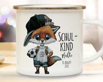 Tasse Emaille Becher Kissen Schulanfang Fuchs Basecap Fußball Junge Mädchen Spruch Schulkind Wunschname + Datum Bundle12