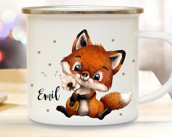 Emaille Becher Camping Tasse Motiv Fuchs Füchschen fox mit Pusteblume & Wunschname Name Kaffeetasse Geschenk eb493