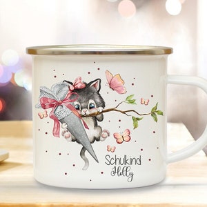 Enamel mug enamel cup mug cup drinking cup back to school school introduction girl enrollment kitten school cone desired name eb721