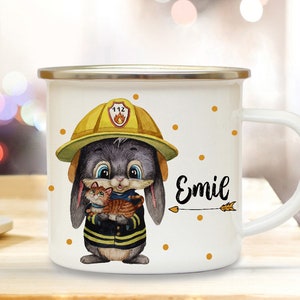 Emaille Becher Camping Tasse Motiv Feuerwehrmann Feuerwehr Häschen & Wunschname Name Kaffeetasse Kinderbecher Geschenk eb556