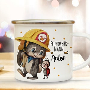 Emaille Becher Camping Tasse Motiv Feuerwehrmann Feuerwehr Häschen & Wunschname Name Kaffeetasse Kinderbecher Geschenk eb554