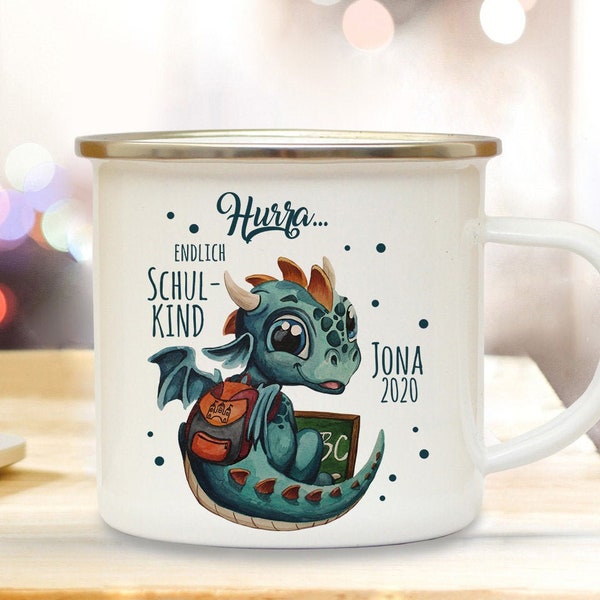 Emaille Becher Camping Tasse Motiv Drache Drachen dragon Schulkind & Wunschname Name Emaillebecher Camping Schulanfang Geschenk eb542