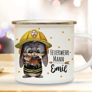 Emaille Becher Camping Tasse Motiv Feuerwehrmann Feuerwehr Häschen & Wunschname Name Kaffeetasse Kinderbecher Geschenk eb555