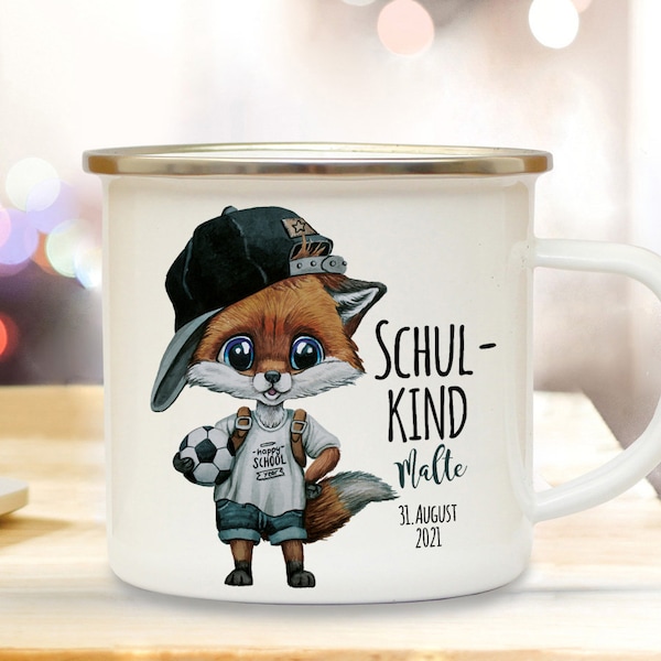 Tasse Emaille Becher Kissen Schulanfang Fuchs Basecap Fußball Junge Mädchen Spruch Schulkind Wunschname + Datum Bundle12