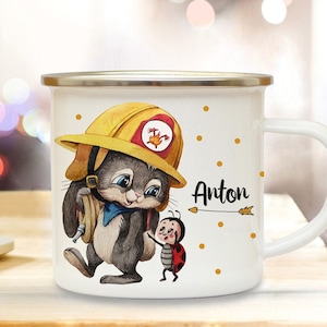 Emaille Becher Camping Tasse Motiv Feuerwehrmann Feuerwehr Häschen & Wunschname Name Kaffeetasse Kinderbecher Geschenk eb557