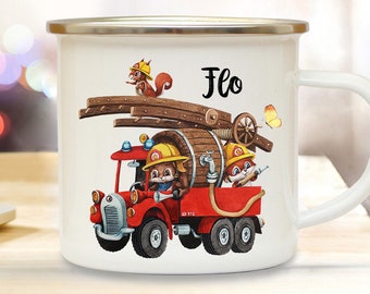 Emaille Becher Camping Tasse Motiv Feuerwehrmann Feuerwehr mit Tieren & Wunschname Name Kaffeetasse Kinderbecher Geschenk eb564