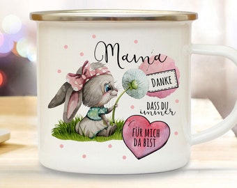 Enamel mug camping cup bunny bunny with dandelion & saying thank mom for being there coffee cup gift for Mother's Day eb518