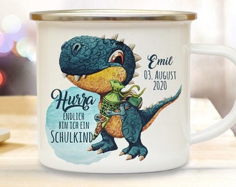 Tasse Becher Kissen zum Schulanfang Schulstart Dino T Rex Dinosaurier TRex Schultüte Spruch Endlich Schulkind Name + Datum Bundle17