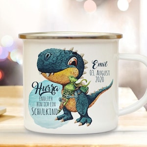 Cup mug pillow for the start of school Dino T Rex dinosaur TRex school cone saying finally school child name + date Bundle17