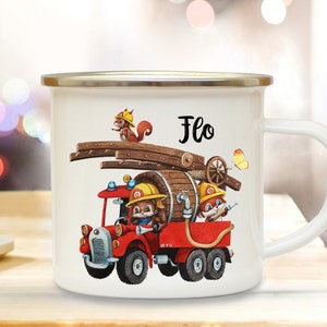 Emaille Becher Camping Tasse Motiv Feuerwehrmann Feuerwehr mit Tieren & Wunschname Name Kaffeetasse Kinderbecher Geschenk eb564