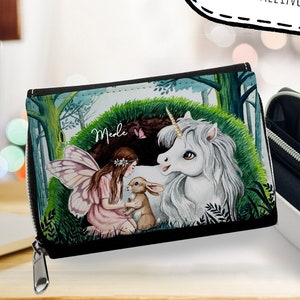 Wallet purse small wallet coin compartment zipper for girls unicorn fairy elf unicorns customizable gk255 image 1