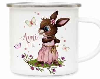 Emaille Becher Camping Tasse Motiv Hase Häschen rosa Schmetterlinge & Wunschname Name Kaffeetasse Geschenk eb492