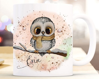 Tasse Becher Eule Eulchen auf Ast Zweig Motiv mit Wunschname Name individuell Kaffeebecher Kaffeetasse Geschenk ts1166