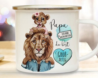 Emaille Becher Camping Tasse Löwe Löwenpapa Papa Kind Löwenmädchen & Spruch Papa du bist großartig Kaffeetasse Geschenk zum Vatertag eb516