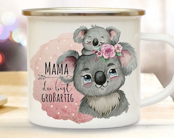 Emaille Becher Camping Tasse Koalabär Koala Mama Kind Spruch Mama du bist großartig Kaffeetasse Geschenk Kaffeebecher zum Muttertag eb511