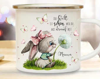 Emaille Becher Camping Tasse Hase Häschen Pusteblume & Spruch Welt ist schön weil du drauf bist Mama Kaffeetasse Geschenk Muttertag eb519