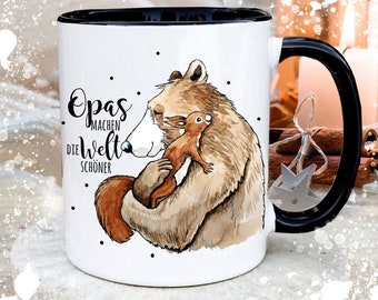 Tasse Becher mit Spruch Opas machen die Welt schöner & Bär Eichhörnchen Kaffeebecher Geschenk Spruchbecher ts2043