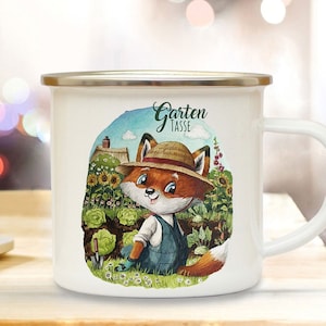 Emaille mok campingbeker tuinbekermotief Mr Fox kleine vos & gewenste naam op de achterkant koffiekopje cadeau eb503