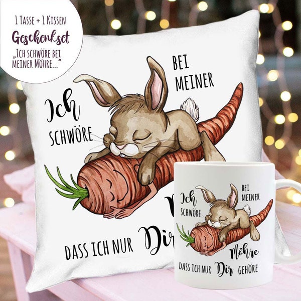 Tasse Becher Kissen inkl Füllung Zierkissen Hase Häschen Spruch Ich schwöre bei meiner Möhre dass ich nur Dir gehöre Spruchkissen Bundle34