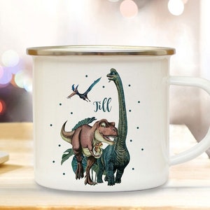 Enamel Mug Camping Cup Dinosaur Dino Dinos T-Rex Pterodactyl Brontosaurus with Name of Your Choice Name Coffee Cup Gift Bundle25