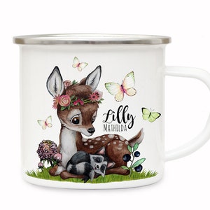 Emaille Becher Camping Tasse Motiv Reh Waschenbär Blaubeeren Schmetterlinge & Wunschname Name Kaffeetasse Geschenk eb491 Bild 1