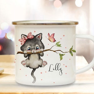 Enamel mug camping cup motif cat kitten on branch & desired name name coffee cup gift children's mug eb495