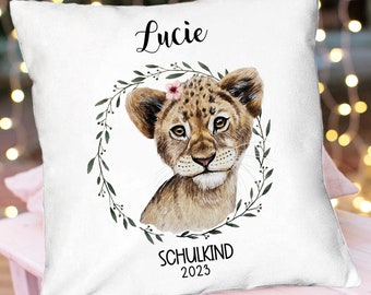 Pillow back to school lion girl school bag saying school child year desired name ks360