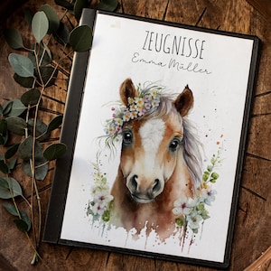 Zeugnismappe 10er 20er Hülle Deckblatt A4 Pferd Pferdchen horse Wildflower personalisierbar Schulanfang Schulanfänger Einschulung Name zm68