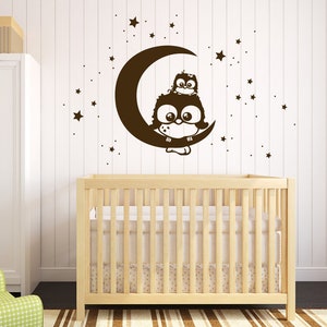 Wall tattoo owl Lotte with baby Mo on moon M1175 image 1