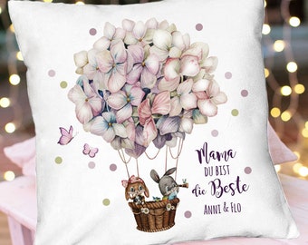 Kissen mit Spruch Mama du bist du Beste Hase Häschen Hortensienballon Wunschname inkl Füllung Dekokissen Zierkissen Muttertag bedruckt ks338