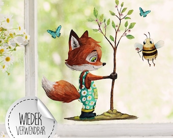 Fensterbild Fenstersticker Fuchs Baum mit Biene  und Schmetterlinge wiederverwendbar Kinder bf31