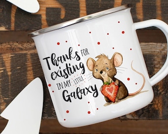 Emaille Campingbecher Maus mit Erdbeere und Spruch "Thanks for existing in my Galaxy" eb325