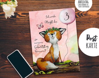 A6 postcard print fox with balloon birthday invitation card pk201