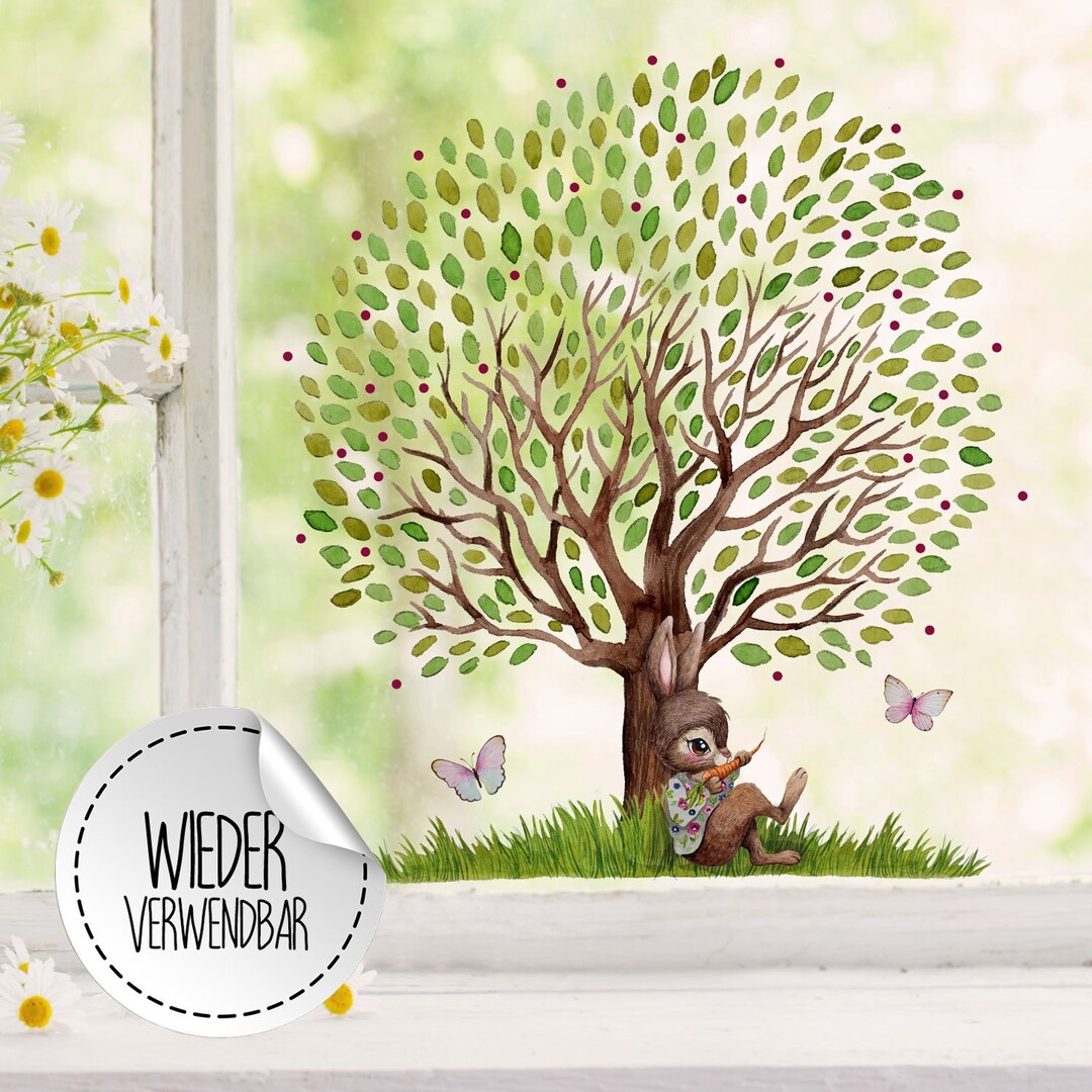 Window Picture Rabbit Bunny Tree Butterflies -reusable- Window ...
