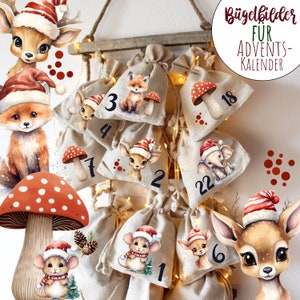 Könnte beinhalten: Set mit Bügelbildern für einen Adventskalender. Die Bilder zeigen niedliche Waldtiere wie Füchse, Rehe, Mäuse und einen Elefanten. Die Bilder sind von 1 bis 22 nummeriert und beinhalten Pilze und andere festliche Details.