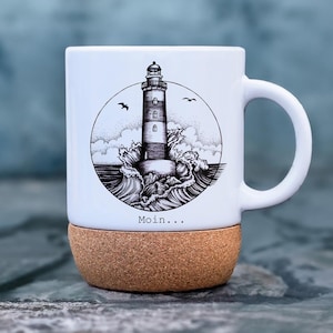 Tasse Becher Keramiktasse mit Kork Korktasse maritim Leuchtturm Spruch Moin Kaffeepott Kaffeebecher Kaffeetasse Geschenk tsk02