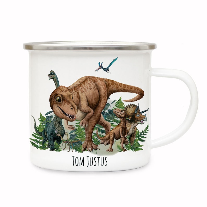 Tasse Emaille Becher Dino Dinos Dinosaurier T-Rex Triceratops Brontosaurus Name Wunschname Kaffeebecher Geschenk Bundle66 ts2106 & eb683 Bild 2