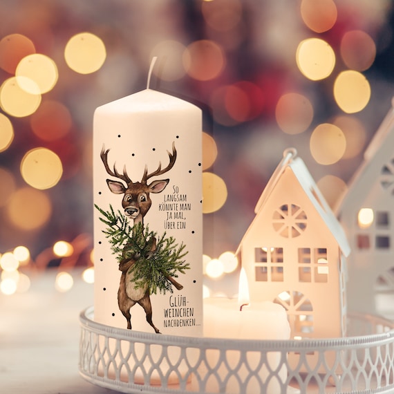 Adventskerze Kerze Advent Winter Elch Hirsch und Spruch Glühweinchen Deko Geschenk zum Nikolaus ak09