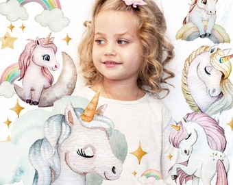 Bügelbilder Einhörner Einhorn Regenbogen rosa Set in A5 Applikation Kissen Shirt Taschen Bügelbild Bügelmotiv Patch Aufbügelbilder bb257