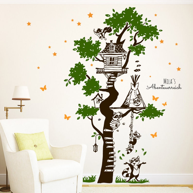 Wall sticker tree house tree raccoons stars M1793 image 1