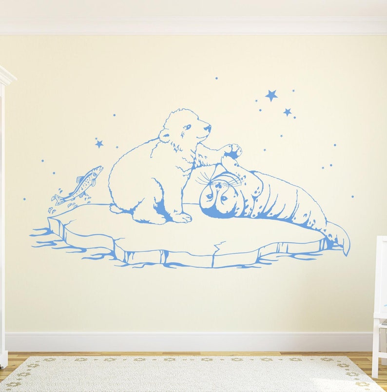 Tatouage mural ours polaire phoque poisson décoration murale salle de bain M1534 image 3