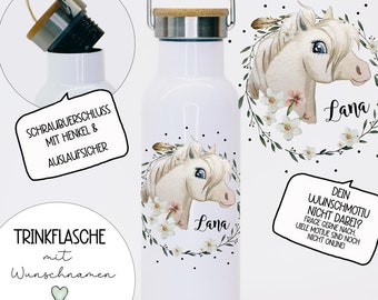 Drinkfles isoleerfles drinkbeker paard paarden paardenmotief wild paard met naam duurzaam gepersonaliseerd met bamboe deksel tbd01