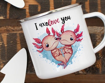 Enamel mug camping cup motif axolotl couple saying I axolove you coffee cup gift saying mug eb331