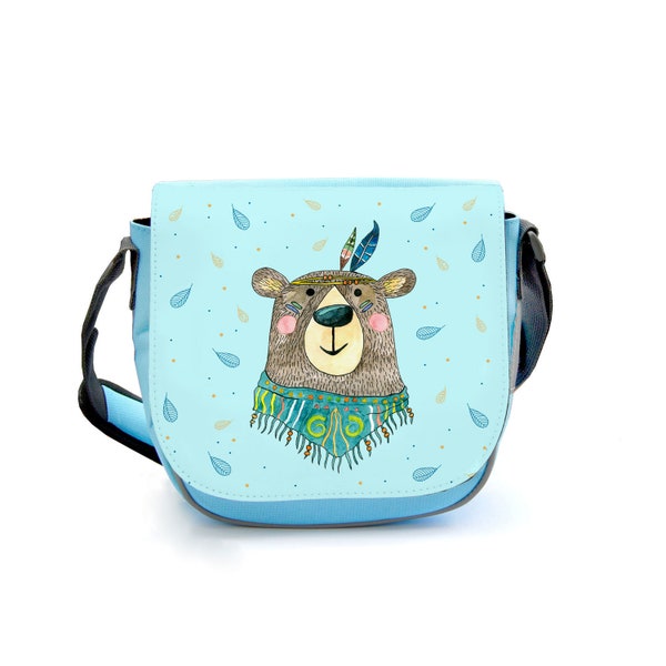 Kindergartentasche Boho mit Bär Braunbär Federschmuck Tasche blau mit Punkte Kindertasche Jungs kgt48