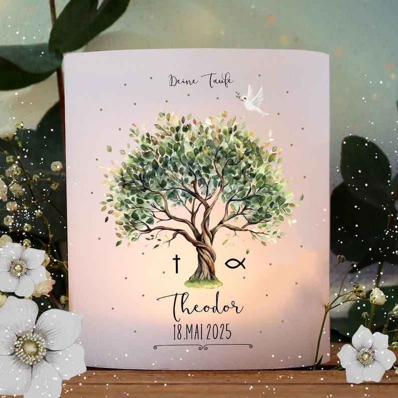 May include: A white candle with a watercolor illustration of a tree with green leaves and a dove flying above it. The text "Deine Taufe" is at the top of the candle, and the text "Theodor 18. Mai 2025" is at the bottom. The cross and the fish symbol are on either side of the name.