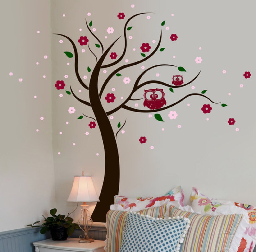 Sticker Hiboux sur arbre en fleurs - stickers chambre fille & stickers  enfant 
